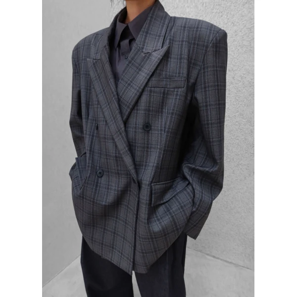 The Frankie Shop Dinant Padded Double-Breasted Blazer - Grey Plaid - Oversized Minimalist Jackets in Multicolour - Shop at Luxury Shoes 