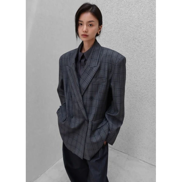 The Frankie Shop Dinant Padded Double-Breasted Blazer - Grey Plaid - Oversized Minimalist Jackets in Multicolour - Shop at Luxury Shoes 