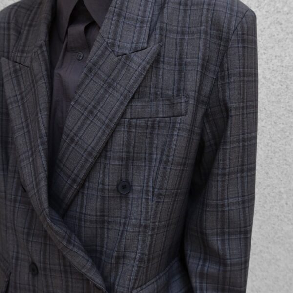 The Frankie Shop Dinant Padded Double-Breasted Blazer – Grey Plaid, view 5