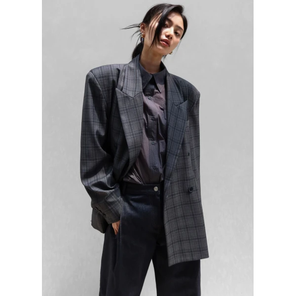The Frankie Shop Dinant Padded Double-Breasted Blazer - Grey Plaid - Oversized Minimalist Jackets in Multicolour - Shop at Luxury Shoes 