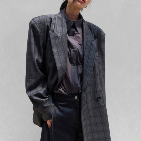 The Frankie Shop Dinant Padded Double-Breasted Blazer – Grey Plaid, view 6