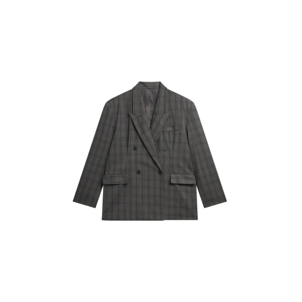 The Frankie Shop Dinant Padded Double-Breasted Blazer - Grey Plaid - Oversized Minimalist Jackets in Multicolour - Shop at Luxury Shoes 