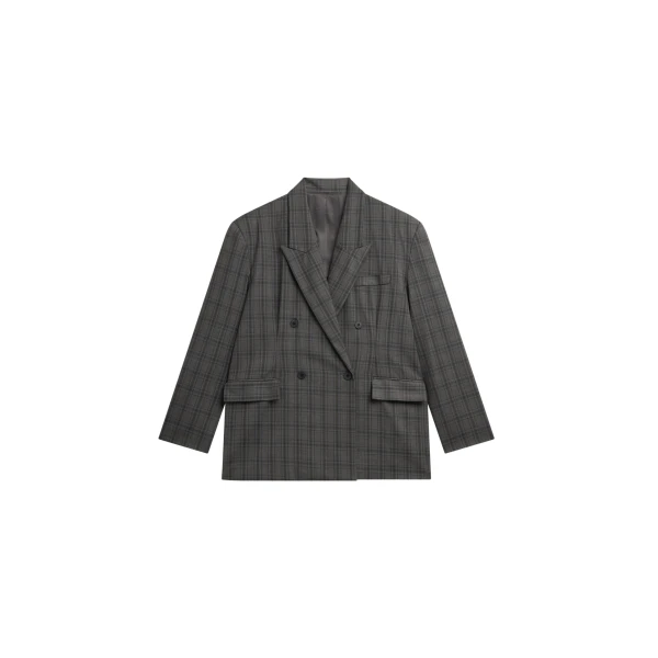 The Frankie Shop Dinant Padded Double-Breasted Blazer - Grey Plaid - Oversized Minimalist Jackets in Multicolour - Shop at Luxury Shoes 