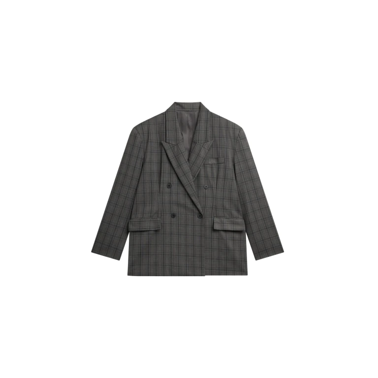 The Frankie Shop Dinant Padded Double-Breasted Blazer - Grey Plaid - Oversized Minimalist Jackets in Multicolour - Shop at Luxury Shoes 