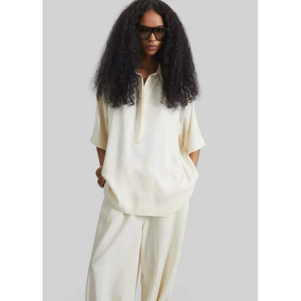 The Frankie Shop Eda Fluid Polo Shirt - Ivory - Oversized Minimalist Tops in Ivory - Shop at Luxury Shoes 