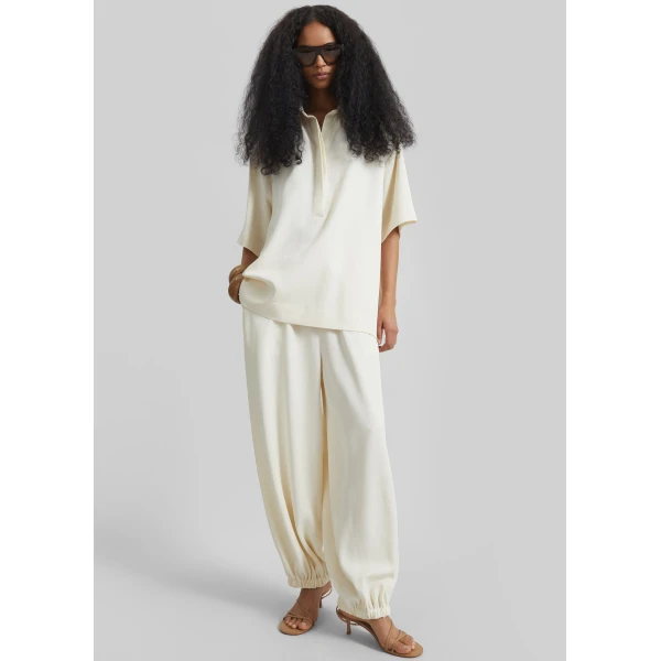 The Frankie Shop Eda Fluid Polo Shirt - Ivory - Oversized Minimalist Tops in Ivory - Shop at Luxury Shoes 