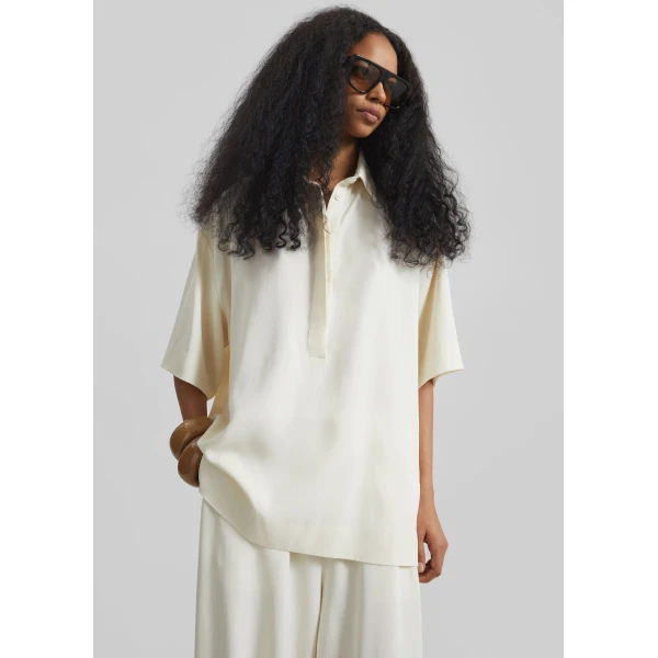The Frankie Shop Eda Fluid Polo Shirt - Ivory - Oversized Minimalist Tops in Ivory - Shop at Luxury Shoes 