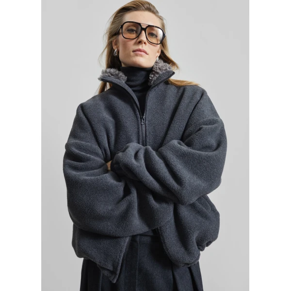 The Frankie Shop Edane Fleece Jacket - Dark Grey - Oversized Minimalist Jackets in Grey - Shop at Luxury Shoes 
