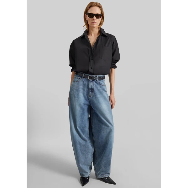 The Frankie Shop Elga Barrel Leg Jeans - Medium Wash - Oversized Minimalist Pants in Grey - Shop at Luxury Shoes 