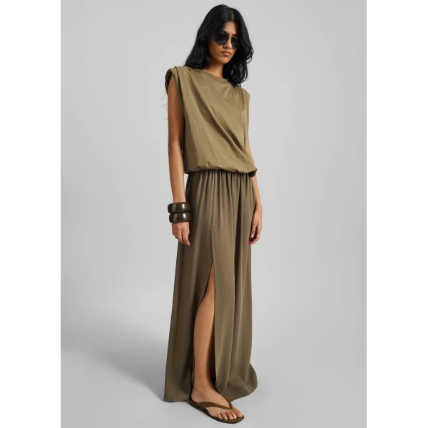 The Frankie Shop Elie Silk Fluid Maxi Skirt - Olive - Oversized Minimalist Skirts in Green - Shop at Luxury Shoes 