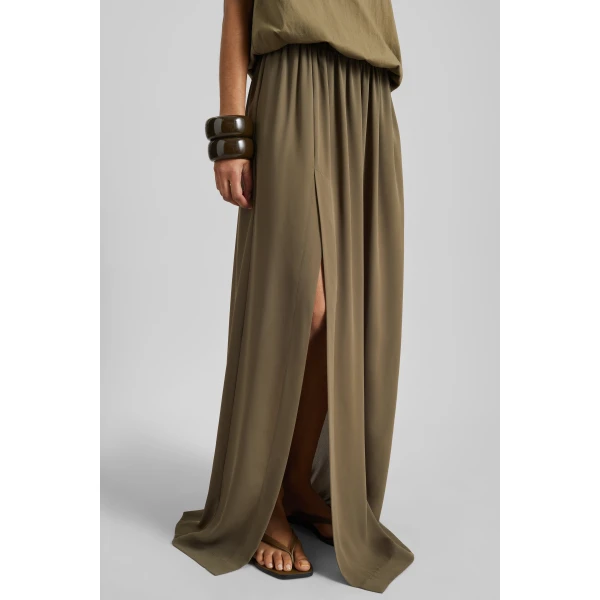 The Frankie Shop Elie Silk Fluid Maxi Skirt - Olive - Oversized Minimalist Skirts in Green - Shop at Luxury Shoes 