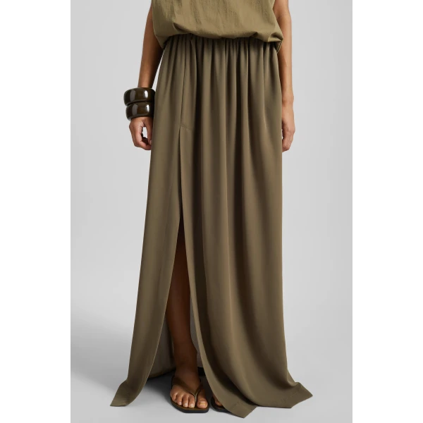 The Frankie Shop Elie Silk Fluid Maxi Skirt - Olive - Oversized Minimalist Skirts in Green - Shop at Luxury Shoes 
