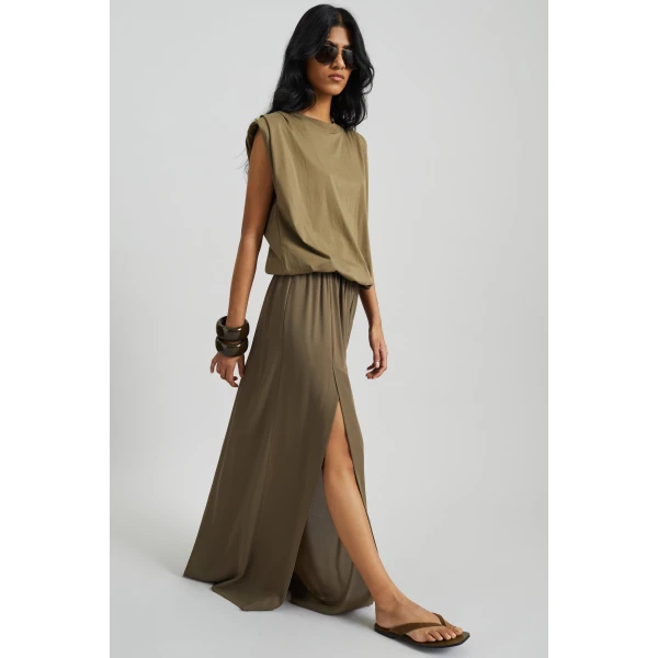 The Frankie Shop Elie Silk Fluid Maxi Skirt - Olive - Oversized Minimalist Skirts in Green - Shop at Luxury Shoes 