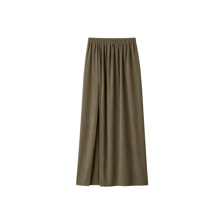The Frankie Shop Elie Silk Fluid Maxi Skirt - Olive - Oversized Minimalist Skirts in Green - Shop at Luxury Shoes 