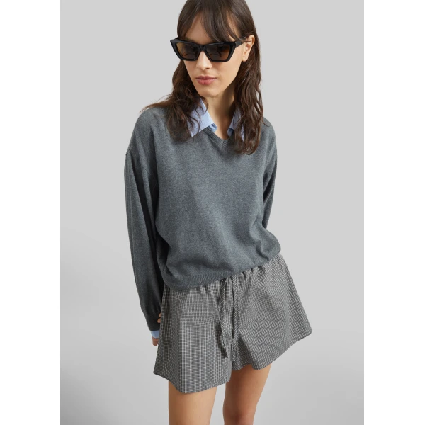 The Frankie Shop Ello Boxer Shorts - Checked Grey - Oversized Minimalist Shorts in Multicolour - Shop at Luxury Shoes 