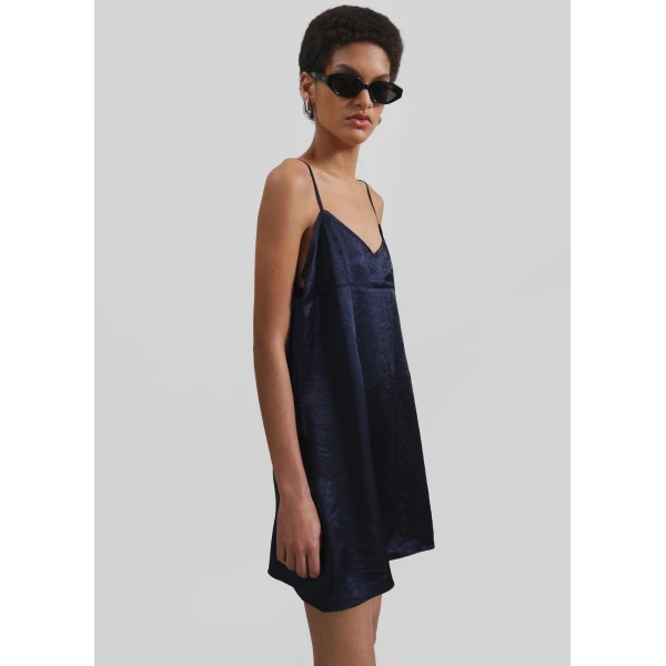 The Frankie Shop Elma Satin Mini Dress - Navy - Oversized Minimalist Dresses in Blue - Shop at Luxury Shoes 
