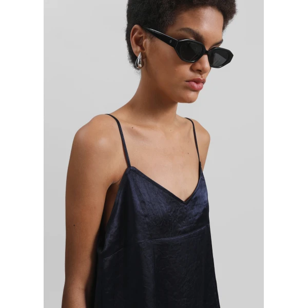 The Frankie Shop Elma Satin Mini Dress - Navy - Oversized Minimalist Dresses in Blue - Shop at Luxury Shoes 