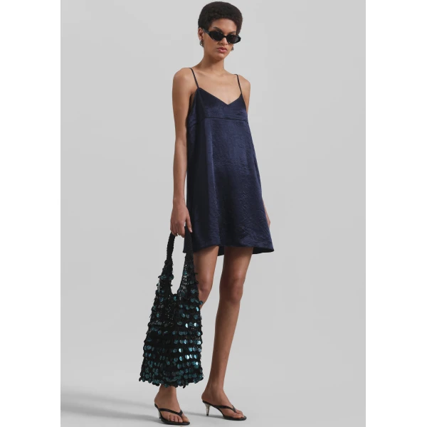 The Frankie Shop Elma Satin Mini Dress - Navy - Oversized Minimalist Dresses in Blue - Shop at Luxury Shoes 