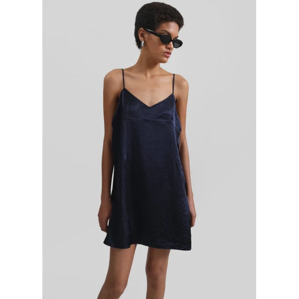 The Frankie Shop Elma Satin Mini Dress - Navy - Oversized Minimalist Dresses in Blue - Shop at Luxury Shoes 