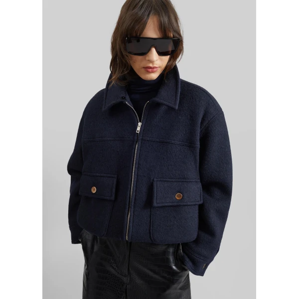 The Frankie Shop Elmont Brushed Wool Quilted Jacket - Dark Navy - Oversized Minimalist Jackets in Blue - Shop at Luxury Shoes 