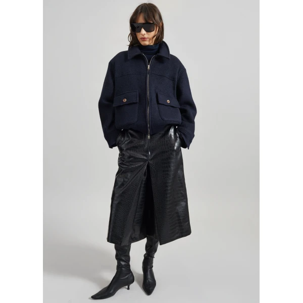 The Frankie Shop Elmont Brushed Wool Quilted Jacket - Dark Navy - Oversized Minimalist Jackets in Blue - Shop at Luxury Shoes 
