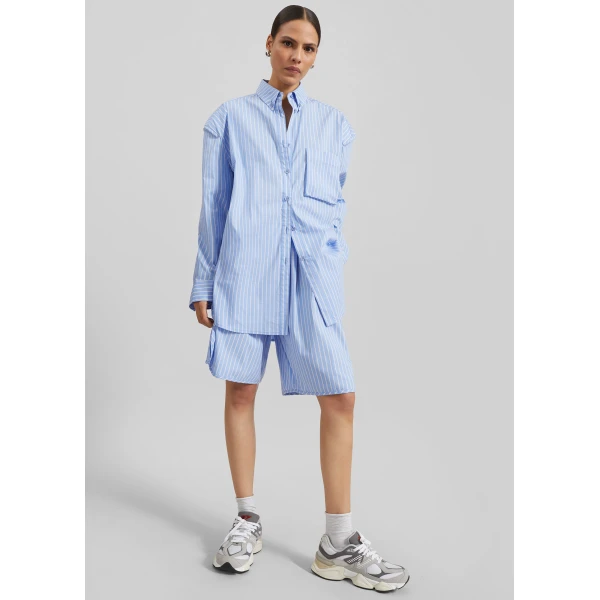 The Frankie Shop Elyn Cotton Bermuda Shorts - Blue/White Stripe - Oversized Minimalist Shorts in Multicolour - Shop at Luxury Shoes 