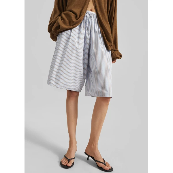 The Frankie Shop Elyn Cotton Bermuda Shorts - Light Blue/Brown Stripe - Oversized Minimalist Shorts in Multicolour - Shop at Luxury Shoes 
