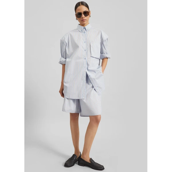 The Frankie Shop Elyn Cotton Bermuda Shorts - Light Blue/Brown Stripe - Oversized Minimalist Shorts in Multicolour - Shop at Luxury Shoes 