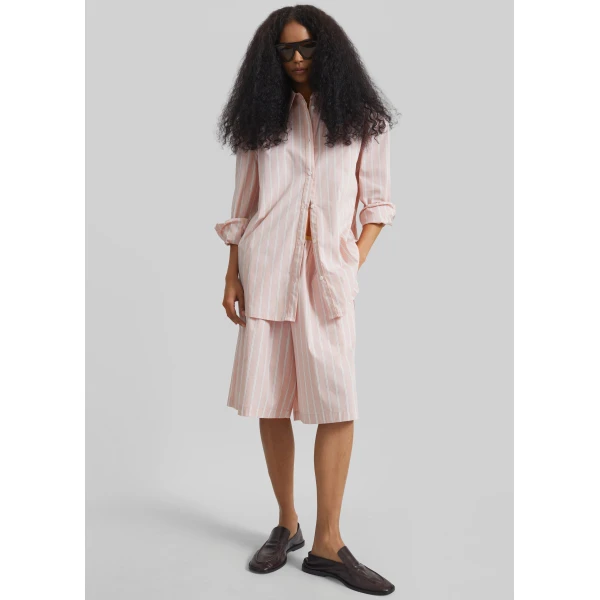 The Frankie Shop Elyn Elastic Bermuda Shorts - Pink/White Stripes - Oversized Minimalist Shorts in Multicolour - Shop at Luxury Shoes 
