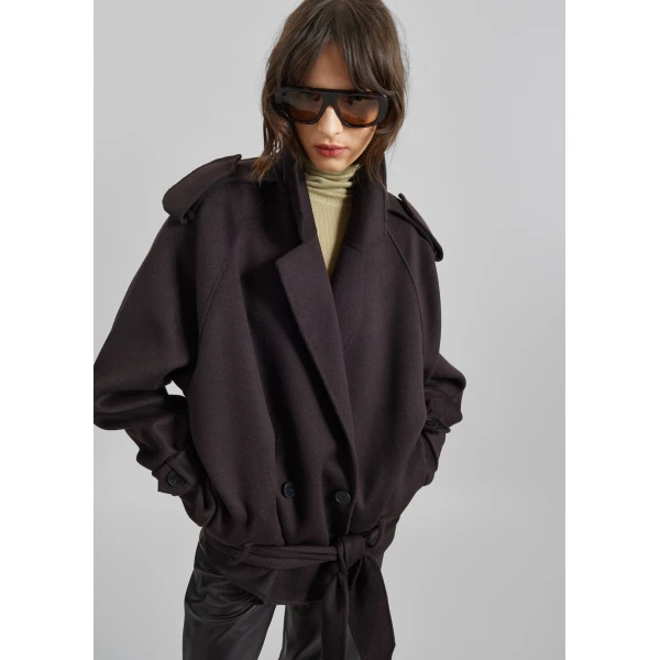 The Frankie Shop Elys Short Wool Trench - Dark Plum - Oversized Minimalist Coats in Purple - Shop at Luxury Shoes 