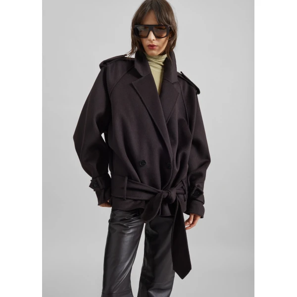 The Frankie Shop Elys Short Wool Trench - Dark Plum - Oversized Minimalist Coats in Purple - Shop at Luxury Shoes 