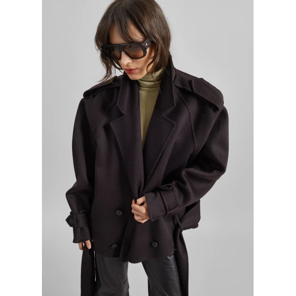 The Frankie Shop Elys Short Wool Trench - Dark Plum - Oversized Minimalist Coats in Purple - Shop at Luxury Shoes 
