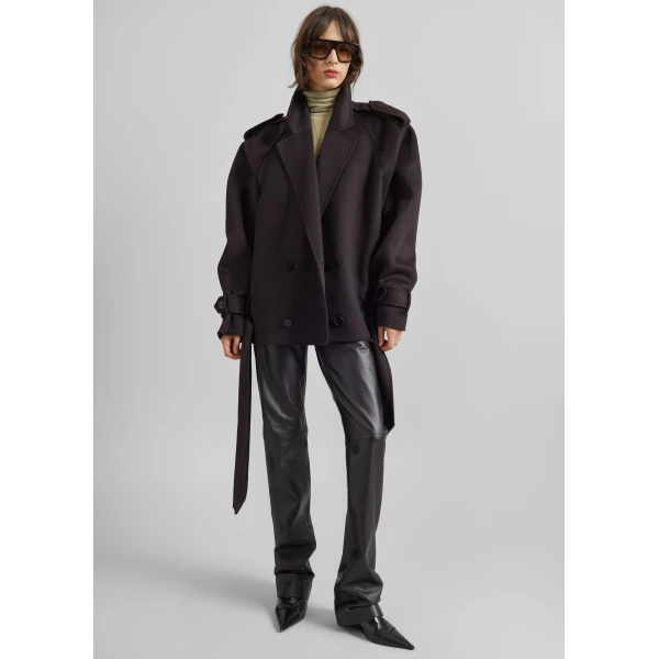 The Frankie Shop Elys Short Wool Trench - Dark Plum - Oversized Minimalist Coats in Purple - Shop at Luxury Shoes 