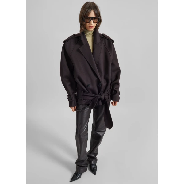 The Frankie Shop Elys Short Wool Trench - Dark Plum - Oversized Minimalist Coats in Purple - Shop at Luxury Shoes 