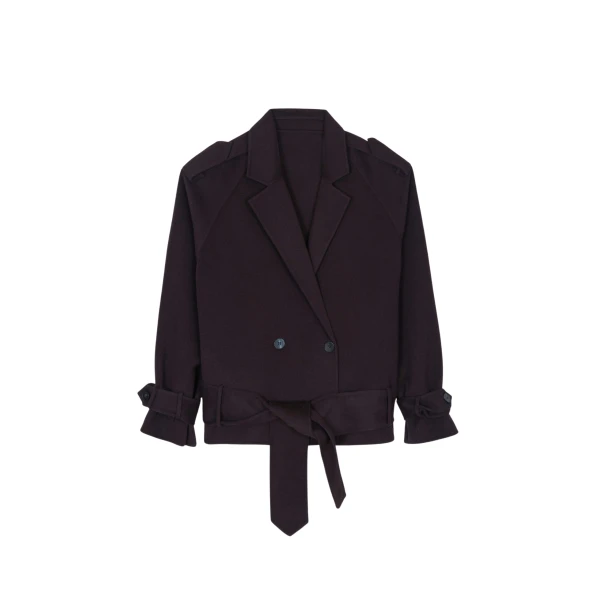 The Frankie Shop Elys Short Wool Trench - Dark Plum - Oversized Minimalist Coats in Purple - Shop at Luxury Shoes 