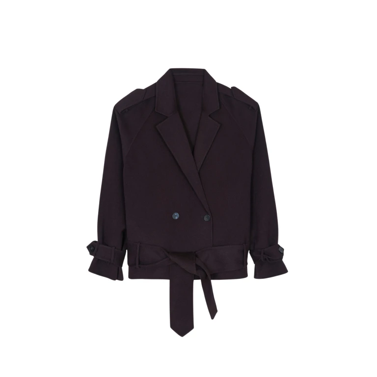 The Frankie Shop Elys Short Wool Trench - Dark Plum - Oversized Minimalist Coats in Purple - Shop at Luxury Shoes 