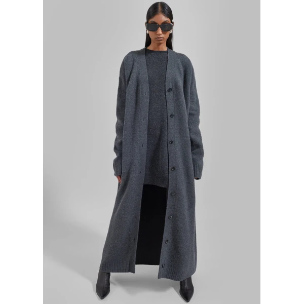 The Frankie Shop Emi Long Knit Cardigan - Dark Grey Melange - Oversized Minimalist Knitwear in Grey - Shop at Luxury Shoes 