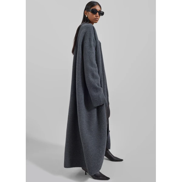 The Frankie Shop Emi Long Knit Cardigan - Dark Grey Melange - Oversized Minimalist Knitwear in Grey - Shop at Luxury Shoes 
