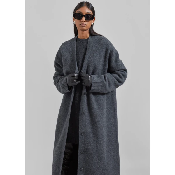 The Frankie Shop Emi Long Knit Cardigan - Dark Grey Melange - Oversized Minimalist Knitwear in Grey - Shop at Luxury Shoes 