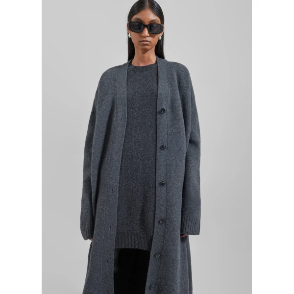 The Frankie Shop Emi Long Knit Cardigan - Dark Grey Melange - Oversized Minimalist Knitwear in Grey - Shop at Luxury Shoes 