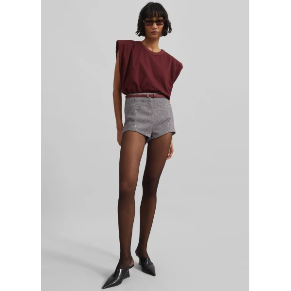 The Frankie Shop Eva Padded Shoulder Muscle T-Shirt - Burgundy - Oversized Minimalist Tops in Red - Shop at Luxury Shoes 