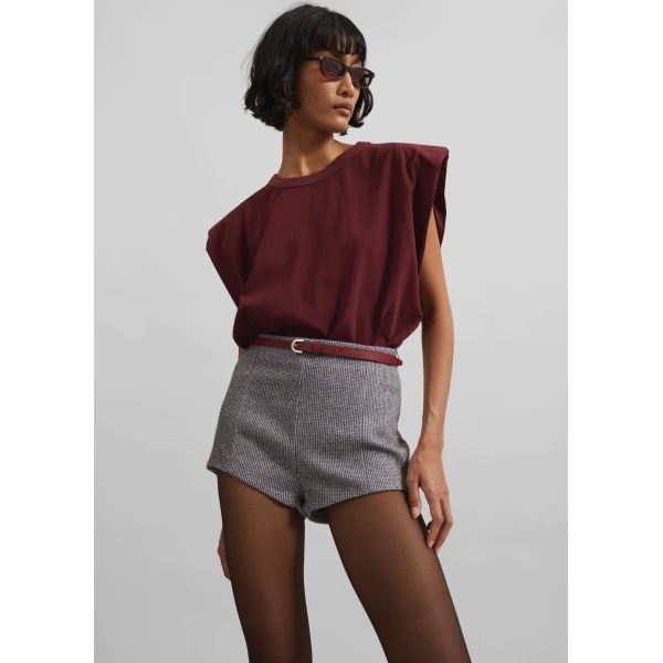 The Frankie Shop Eva Padded Shoulder Muscle T-Shirt - Burgundy - Oversized Minimalist Tops in Red - Shop at Luxury Shoes 