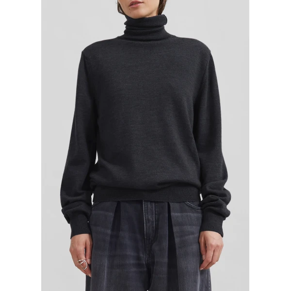 The Frankie Shop Eve Thin Turtleneck Sweater - Dark Grey Melange - Oversized Minimalist Knitwear in Grey - Shop at Luxury Shoes 