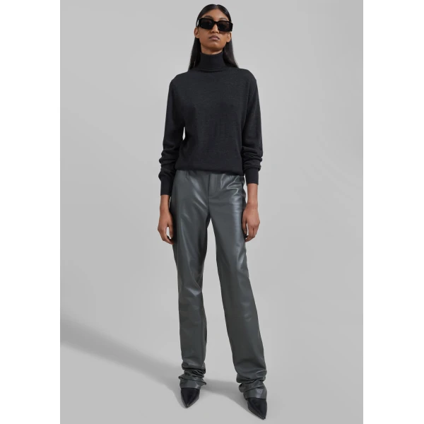 The Frankie Shop Eve Thin Turtleneck Sweater - Dark Grey Melange - Oversized Minimalist Knitwear in Grey - Shop at Luxury Shoes 
