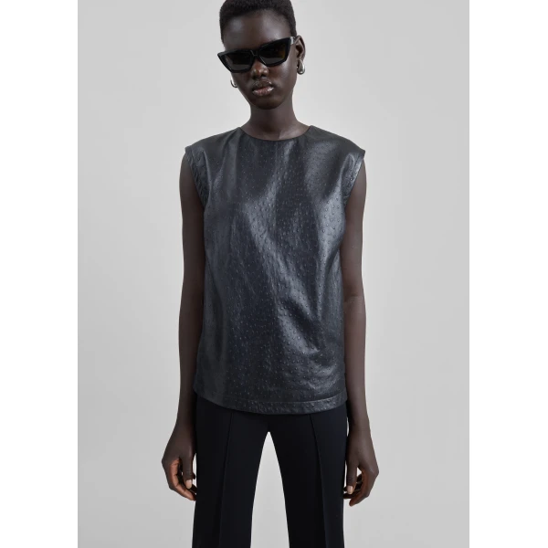 The Frankie Shop Fiza Ostrich-Effect Leather Top - Black - Oversized Minimalist Tops in Black - Shop at Luxury Shoes 