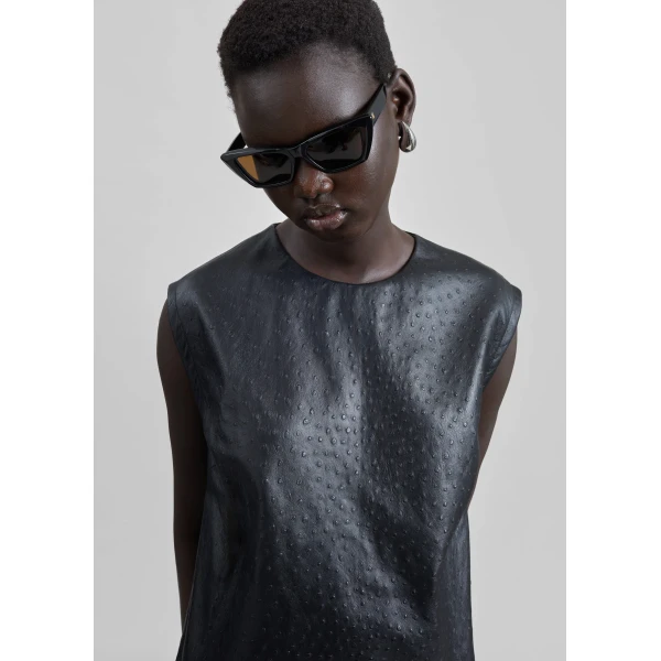 The Frankie Shop Fiza Ostrich-Effect Leather Top - Black - Oversized Minimalist Tops in Black - Shop at Luxury Shoes 