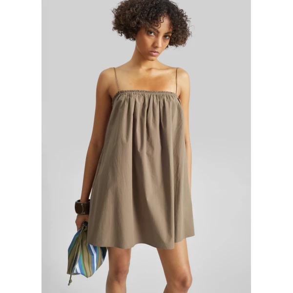 The Frankie Shop Frill Cami Mini Dress - Birch - Oversized Minimalist Dresses in Beige - Shop at Luxury Shoes 