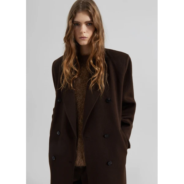 The Frankie Shop Gaia Double Breasted Coat - Dark Brown - Oversized Minimalist Coats in Beige - Shop at Luxury Shoes 