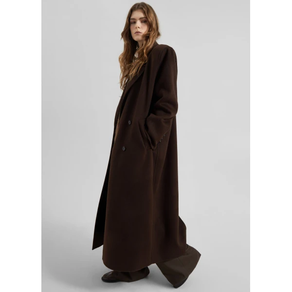 The Frankie Shop Gaia Double Breasted Coat - Dark Brown - Oversized Minimalist Coats in Beige - Shop at Luxury Shoes 