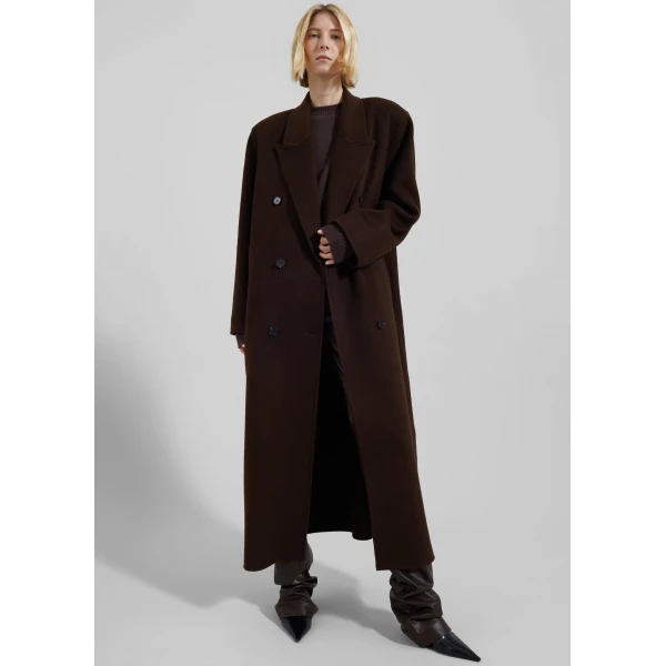 The Frankie Shop Gaia Double Breasted Coat - Dark Brown - Oversized Minimalist Coats in Beige - Shop at Luxury Shoes 